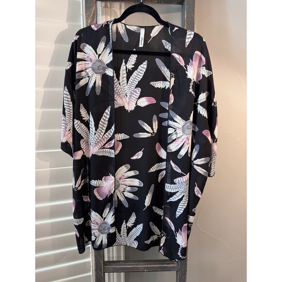 Boho Kimono Cardigan Sheer Feather Print Summer Cover Up Medium - Picture 1 of 6